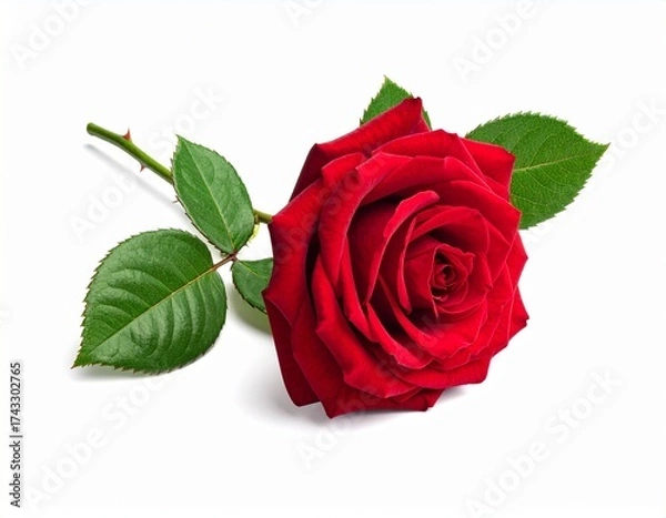 Fototapeta A single vibrant red rose with lush green leaves on a clean white background.
