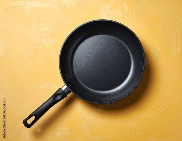 Fototapeta Simple black frying pan on a textured yellow background, ready for cooking.