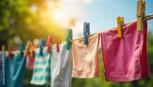 Fototapeta Sun-Drenched Laundry Hanging on Rustic Clothesline Idyllic SpringSummer Home Vibes