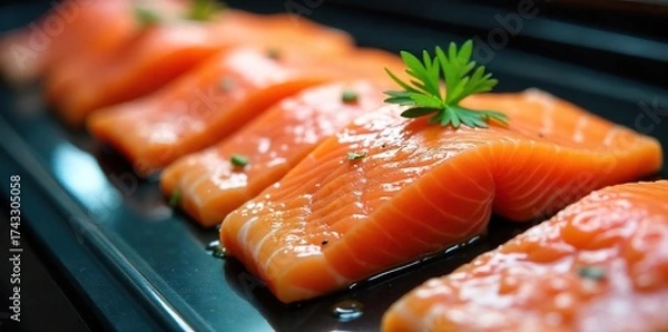 Fototapeta Contaminated Salmon Filets A Close-Up Reveal of Food Safety Risks in Supermarket Display