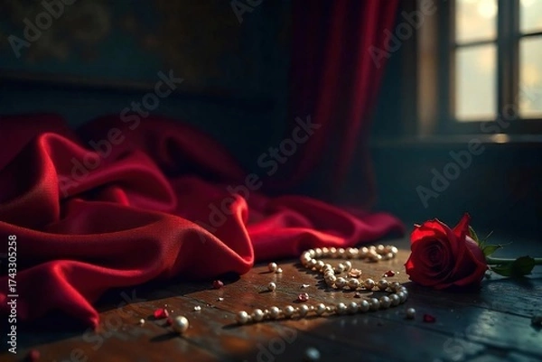 Fototapeta Mysterious Dimly Lit Room Luxurious Fabrics, Scattered Pearls, and a Single Red Rose ? A Scene of Anticipation, Hidden Secrets, and Passionate Desire