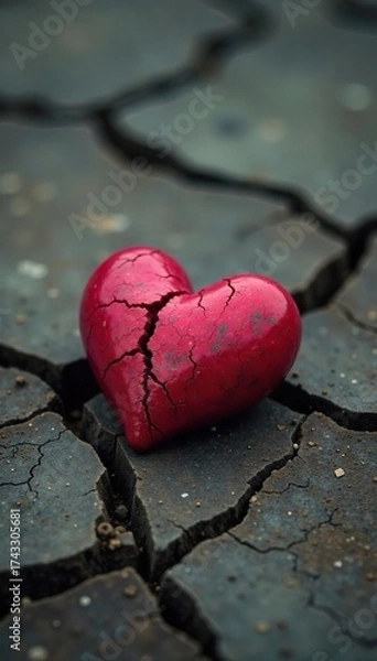 Fototapeta Withered Red Heart on Cracked Earth A Symbol of Isolation and Heartbreak