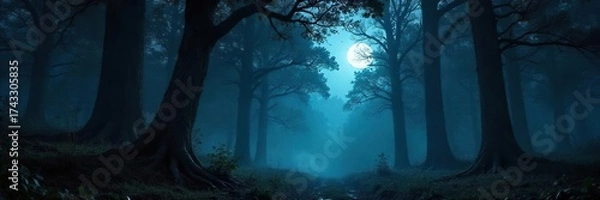 Fototapeta Eerie Moonlight in a Dark Forest Ancient Trees Cast Long Shadows, Creating a Mysterious and Atmospheric Scene Perfect for Fantasy or Horror Backdrop