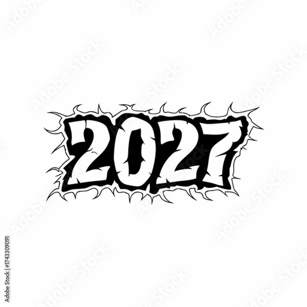 Fototapeta Black and white 2027 text with jagged edges on white background numbers digits