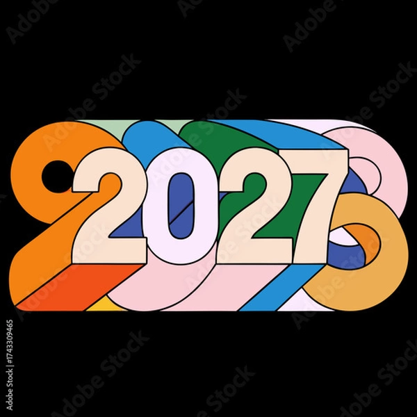 Fototapeta Abstract 3D Number 2027 With Colorful Geometric Shapes And Shadows background blue