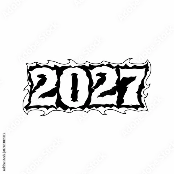 Fototapeta Black outlined numbers 2027 with white fill and flame-like border on white background year