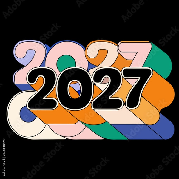 Fototapeta Colorful 2027 text art with retro style and abstract shapes on black background lettering typography
