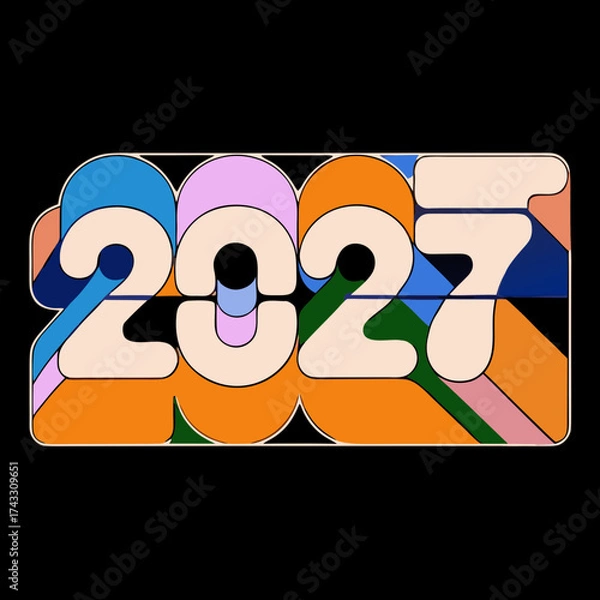 Fototapeta Retro 2027 text art with rounded shapes and pastel colors on black background lettering typography