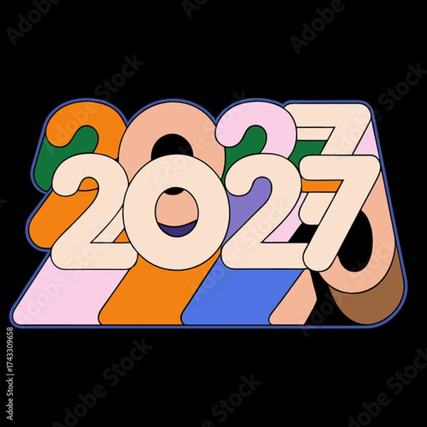 Fototapeta 2027 numbers in retro style with pastel color blocks and 3D effect on black background new year vintage