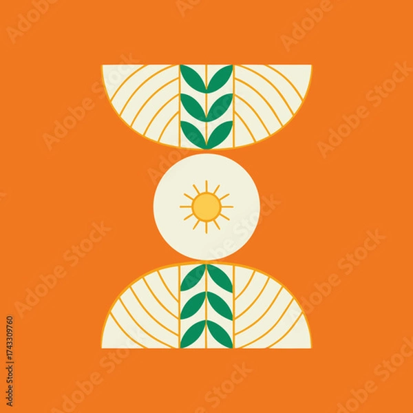 Fototapeta Abstract geometric design with sun and leaves on an orange background, featuring curved lines and semi-circles