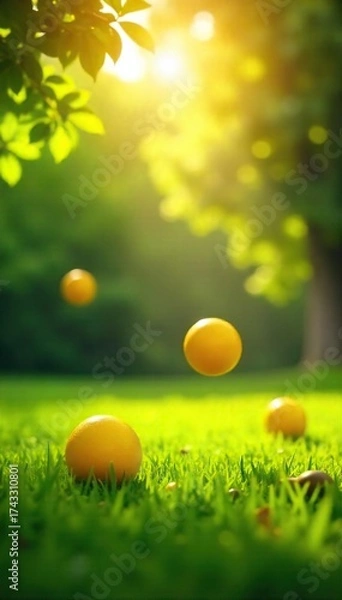 Fototapeta Sunlit Summer Meadow Playful Yellow Balls Bounce in a Tranquil Grassy Field, Evoking Joy and Laughter