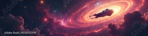 Fototapeta Lone Spaceship Journey Through Swirling Nebula A Thrilling Voyage into the Cosmic Unknown