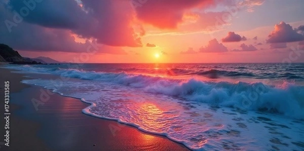Fototapeta Serene Sunrise Ocean Scene Vibrant Hues Paint the Peaceful Shoreline as Gentle Waves Lap the Sand, Inviting Contemplation and Tranquility