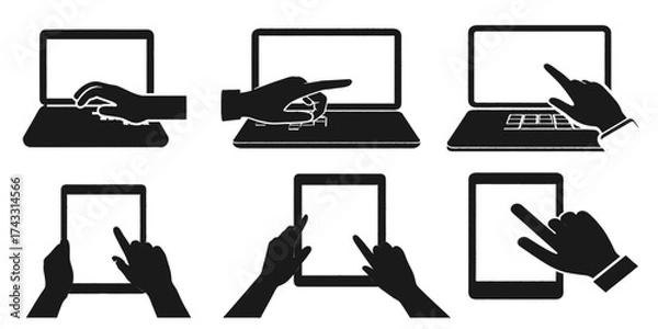 Fototapeta Set of different style laptop and tablet with hand svg vector file on transparent background.