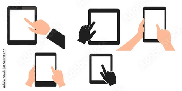 Fototapeta Set of different angles hand holding tablet svg vector file on transparent background.