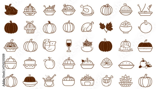 Fototapeta set of different types Thanksgiving icons holiday collection, vector illustration svg file on transparent background.