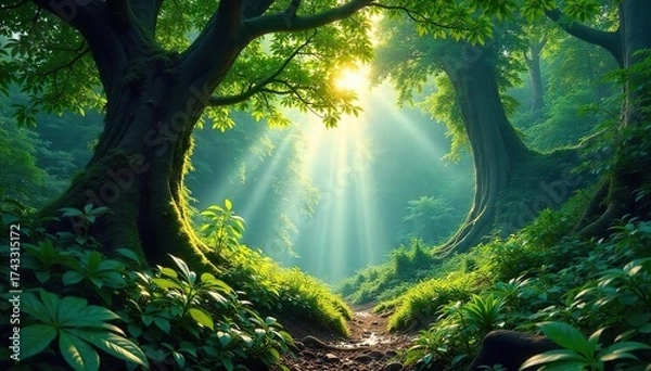 Fototapeta Dappled Sunlight Filters Through a Dense Ancient Rainforest Canopy, Illuminating Lush Undergrowth in a Scene of Untouched Natural Beauty