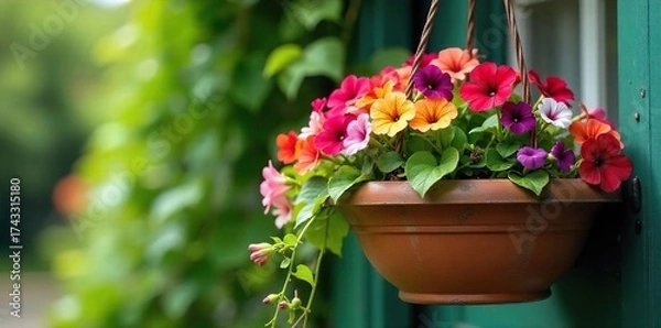 Fototapeta Lush Summer Blooms Overflowing from Terracotta Hanging Basket Vibrant Petunias and Trailing Ivy create a charming garden, patio, or porch display.