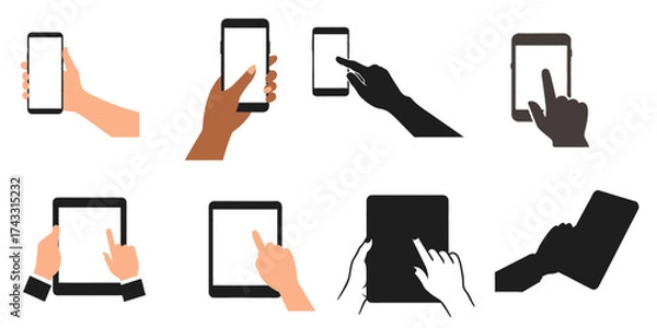 Fototapeta Set of different angles hand holding mobile phone svg vector file on transparent background.