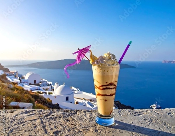 Obraz Iced Coffee Delight with Santorini View - A Refreshing Escape.