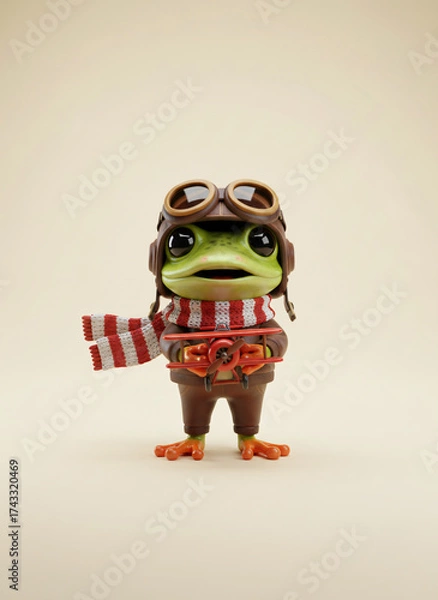 Obraz Whimsical Frog Aviator Ready for Flight with Detailed Pilot Outfit and Vintage Airplane Toy, Set Against a Soft Background. Generative AI