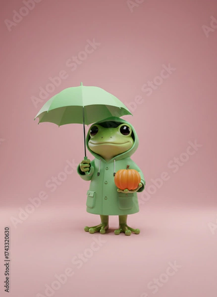 Obraz Whimsical Frog in Raincoat Holding Pumpkin Under Umbrella a Charming 3D Render with Pastel Pink Background. Generative AI