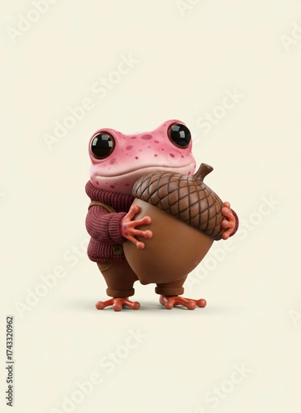 Obraz Adorable Pink Frog Cartoon Character Hugging a Giant Acorn Wearing a Burgundy Sweater and Corduroy Pants Against Creamy Background. Generative AI