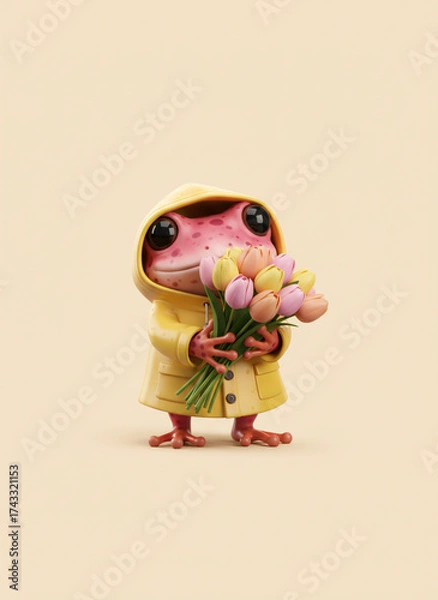 Obraz Adorable Pink Frog in Yellow Raincoat Holding Tulips A Sweet and Heartwarming Scene of Nature and Cuteness. Generative AI