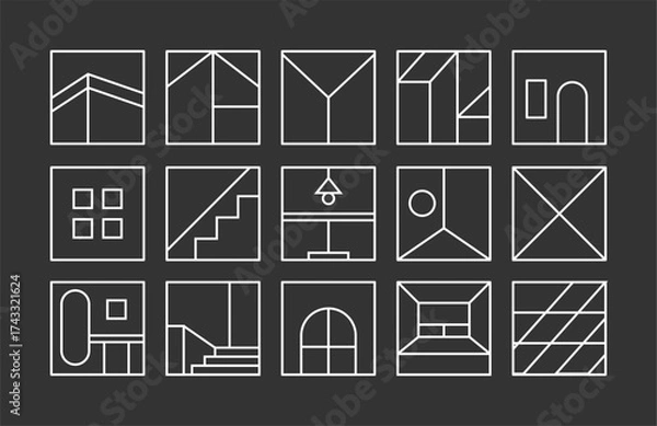 Fototapeta modern contemporary architecture icon set. abstract  geometric house buildings minimal logo design collections. interior exterior pattern illustration for poster, brochure and logo