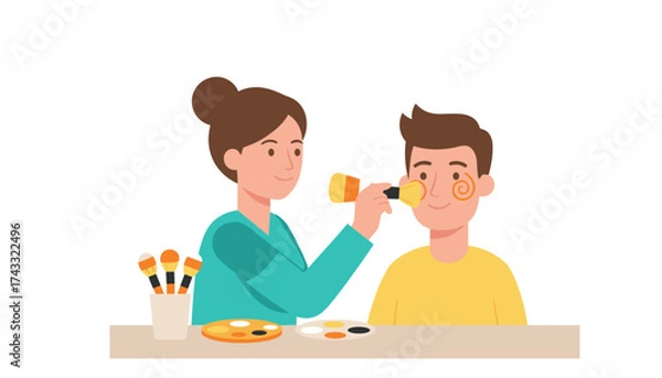 Fototapeta Woman applying face paint to mans cheek Fun creative activity for parties or events