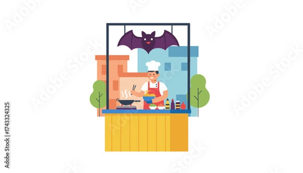 Obraz Smiling chef cooks Asian street food with wok at an outdoor stand with bat decoration