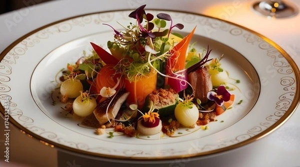 Fototapeta a gourmet dish, with vibrant, fresh ingredients, artfully arranged on an elegant plate with intricate garnishes 