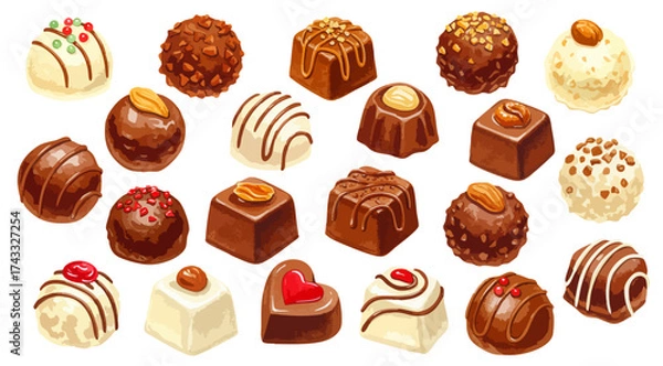 Fototapeta チョコレートのイラストセット,トリュフ,ボンボンショコラ,バレンタイン,水彩風