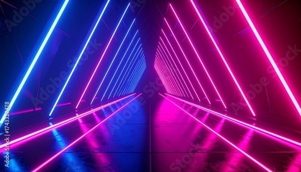 Obraz Neon Triangle Tunnel - A Futuristic Journey Through Light and Color.