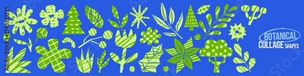 Fototapeta Cut out paper botanical collage shapes with crayon pencil textures, scribbles, doodles. Irregular green scrapbook stickers. Grunge kids funky elements.