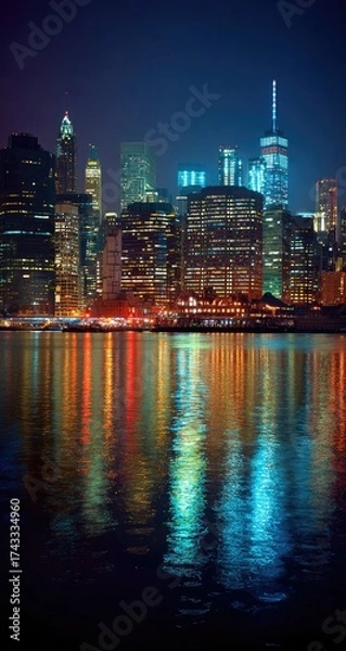 Obraz Blurry nighttime cityscape reflected in water