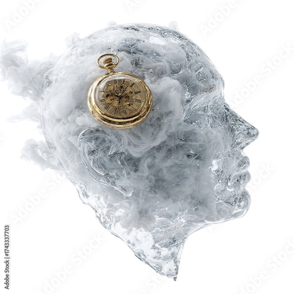 Obraz Human Cloud Head with Golden Pocket Watch, Concept of Time and Imagination Isolated on Transparent Background