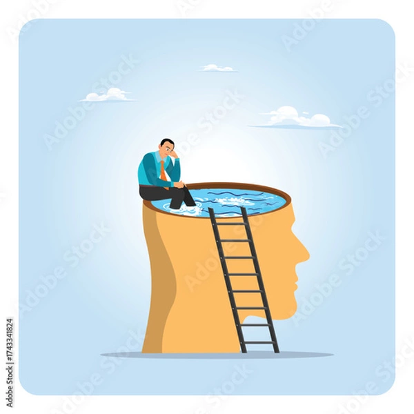 Fototapeta Mindset or thinking process concept. A  man thinking, climbing to sit on top of his brain.