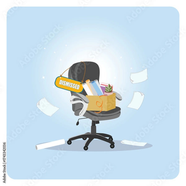 Fototapeta Dismissed Office Chair concept With Box Of Personal Items And Flying Papers In Quiet Modern Office.