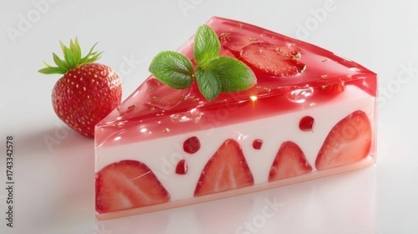 Fototapeta A slice of strawberry jelly cake with fresh strawberries and mint garnish