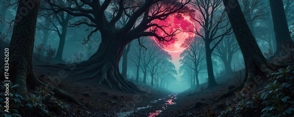 Fototapeta Menacing Forest Gnarled Trees and Lurking Shadows ? A Dark and Mysterious Landscape