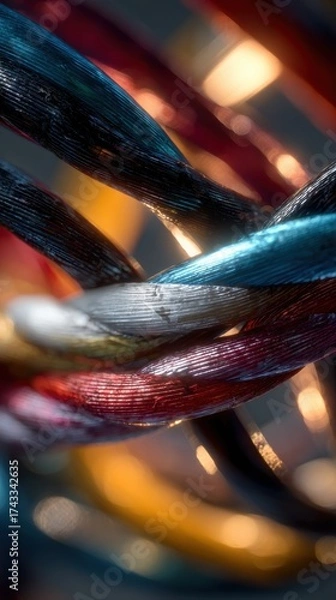 Fototapeta Close-up of intertwined colorful cables with reflective surfaces and blurred background lighting
