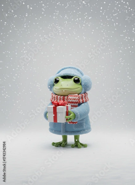 Obraz A charming frog adorned with winter accessories and a gift box stands amidst gentle snowfall adding festive cheer. Generative AI