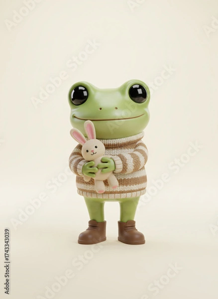 Obraz Charming Anthropomorphic Frog Character Embracing Plush Bunny Toy Radiating Innocence and Whimsy on a Neutral Background. Generative AI