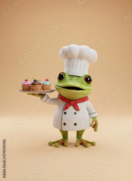 Obraz Charming Frog Chef Displaying Delicious Cupcakes A Delightful 3D Render of an Amphibian Pastry Professional with Culinary Creations. Generative AI