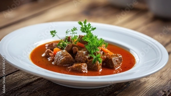 Obraz Bowl of beef stew with carrots and parsley garnish on a wooden table