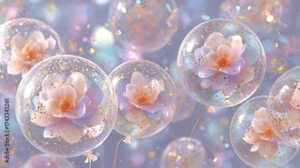 Fototapeta Delicate pink flowers enclosed in transparent bubbles with golden sparkles floating against a soft pastel background