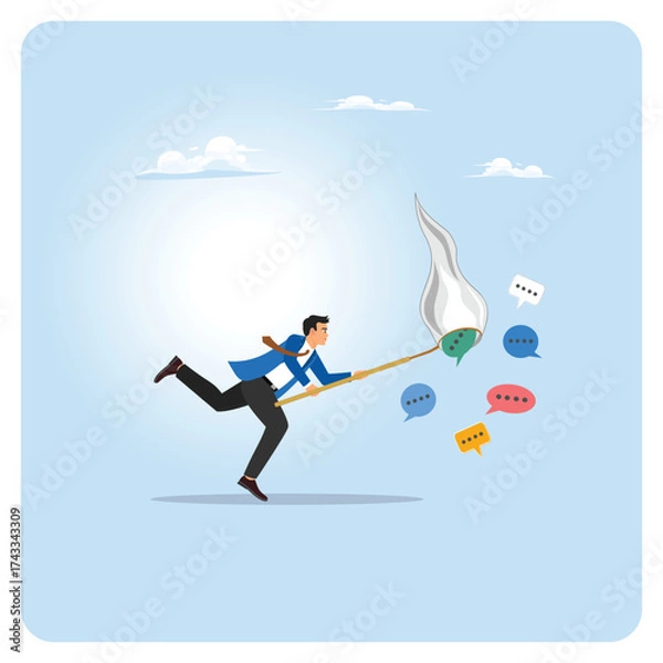 Fototapeta Meeting summary collection concept. Businessman running holding a net.