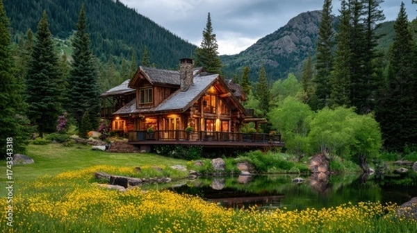 Fototapeta Log cabin nestled in a mountain valley with a pond and wildflowers