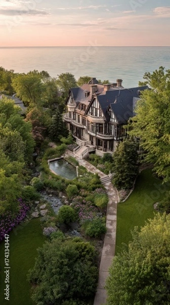 Fototapeta Aerial view of a grand Victorian-style house surrounded by lush gardens and overlooking a calm lake at sunset
